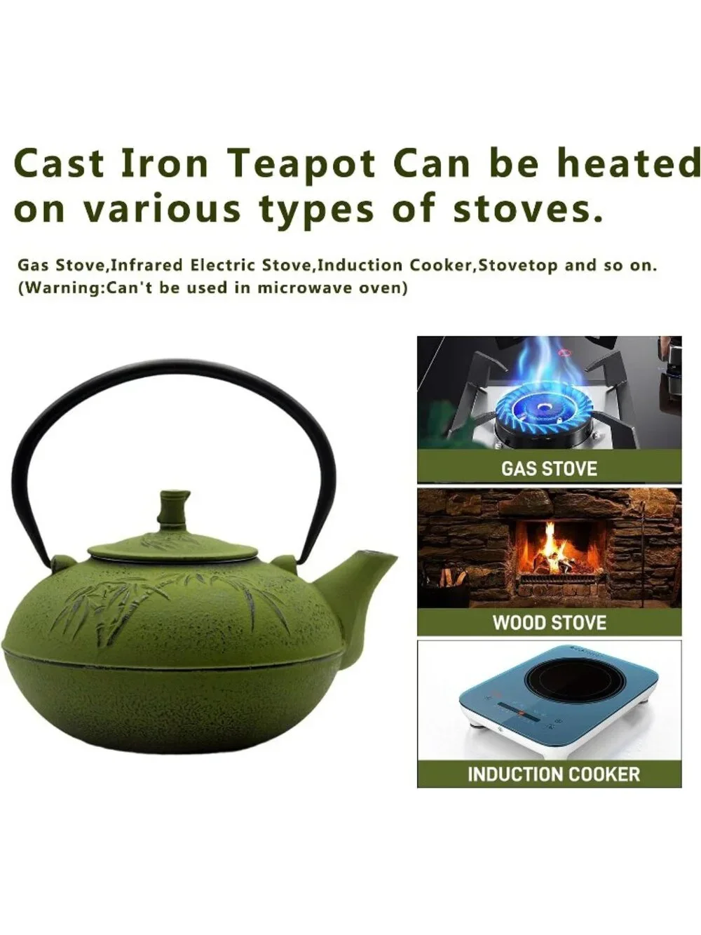Green Cast Iron Kitchen Japanese Tea Pot 84.6oz 2500ml Stovetop Bamboo Infuser